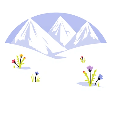 A snowy alpine landscape featuring a vast expanse of white snow-covered ground. Patches of vibrant flowers in various colors such as red, yellow, and purple are emerging through the snow, creating a striking contrast. Towering snow-capped mountains rise majestically in the background, their peaks gleaming under a clear blue sky. A gentle breeze causes the flowers to sway slightly, adding a touch of life to the serene winter scene.