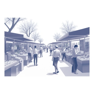 A busy street market filled with various vendors selling their goods. Stalls line both sides of the street, each displaying an assortment of items, such as fruits, vegetables, and handmade crafts. People are seen interacting with vendors, some bargaining while others browse through the colorful offerings. The scene is lively, with shoppers carrying bags and chatting with each other. A few trees are positioned along the street, providing shade to the bustling activity below. The perspective is focused on capturing the vibrant atmosphere of the market.