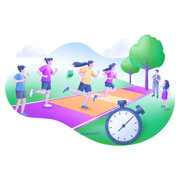 A scene depicting students participating in a physical fitness test outdoors. Several students are shown in motion, running energetically along a marked track. The students display a variety of athletic attire in bright colors, including shorts and t-shirts. A stopwatch is visible in the foreground, indicating that the race is timed. In the background, green trees and blue skies create a lively atmosphere, while a few spectators watch the race, cheering for the participants.