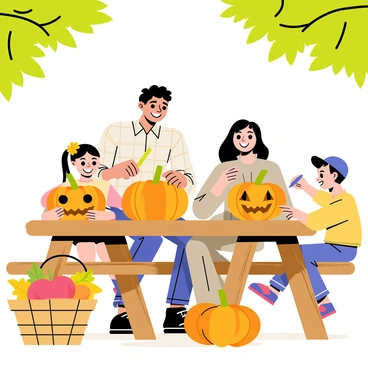 A family of four is gathered around a rustic wooden picnic table, joyfully carving orange pumpkins. The father, wearing a plaid shirt, holds a carving knife while the mother, dressed in a cozy sweater, scoops out the insides of a pumpkin. Two children, a girl with pigtails and a boy with a baseball cap, are focused on their own pumpkins, smiling as they draw faces on them with markers. Sunlight filters through the green leaves of the surrounding trees, casting playful shadows on the table. A basket filled with colorful fall leaves and small gourds is placed nearby, enhancing the autumnal atmosphere.