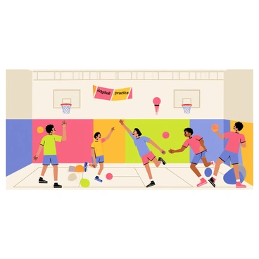 A small indoor gym with colorful walls and bright lights. Young children, wearing colorful t-shirts and shorts, are energetically practicing dodgeball. Some children are in the middle of throwing bright red dodgeballs, while others are dodging or running. A few children are crouched down behind gym mats for cover. The gym has basketball hoops and a soft floor, with a friendly atmosphere where laughter and excitement fill the air. "Dodgeball practice" is written in playful letters on a banner hanging from the ceiling.