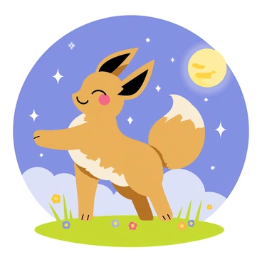 An "Eevee" with a fluffy brown coat, large expressive ears, and a bushy tail is dancing joyfully. The scene is set under a "starlit sky" filled with twinkling stars. A gentle breeze rustles the grass around Eevee, making it sway softly. The moon is glowing brightly, illuminating Eevee's movements as it twirls playfully. Small flowers in various colors dot the grassy ground, adding vibrancy to the scene.
