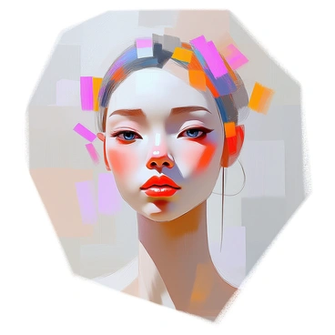 A portrait of a person with a unique appearance featuring jumbled facial features. The face displays a combination of distinctive elements, such as mismatched eyes, a nose of varying textures, and an abstract arrangement of lips. The skin has a mix of smooth and rough textures, creating an intriguing visual effect. The hair is styled in an unconventional manner, incorporating different colors and shapes, adding to the overall complexity of the image. The background includes soft, blurred colors that complement the figure without detracting attention from the person.