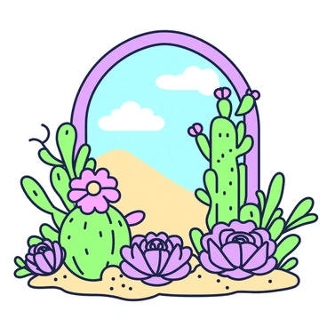 A unique frame is filled with blooming cacti and succulents of various shapes and sizes. The cacti display vibrant flowers in full bloom, showcasing their intricate details and textures. The succulents are arranged in a harmonious composition, featuring both rosette and trailing forms. In the background, a clear blue sky enhances the sunny desert environment, dotted with hints of sandy terrain. The sunlight casts soft shadows, highlighting the plants’ contours and providing depth to the scene.