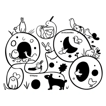A detailed wildlife scene depicting various animals living in structures that resemble organelles of an animal cell. Each structure is distinctly labeled with terms like "nucleus," "mitochondria," and "endoplasmic reticulum." A group of rabbits is seen near a large, rounded structure labeled "nucleus," looking curious. A family of squirrels occupies a tubular structure marked "endoplasmic reticulum," using it as a play area. Nearby, a cluster of birds is perched on a small, oval structure labeled "lysosome," interacting with each other. The background features additional cell-like structures, all populated with different animals in harmonious coexistence.