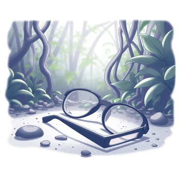 A pair of broken glasses, with one lens shattered and the frame slightly twisted, is lying on the ground. The surface is rugged and uneven, scattered with small rocks and dirt. In the background, dense jungle foliage creates a lush setting. Tall green leaves and thick vines intertwine, with sunlight filtering through the canopy above. The atmosphere conveys a sense of abandonment, as the glasses rest among the natural elements.