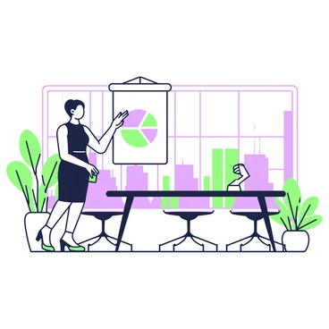 A professional woman is standing confidently in a modern office while giving a presentation. She is wearing a fitted black dress and has her hair styled neatly. The woman is holding a remote clicker in her right hand and gesturing towards a large screen displaying a colorful pie chart. The office features a sleek glass table and ergonomic chairs. There are potted plants in the corners, and large windows let in natural light, showcasing a city skyline in the background.