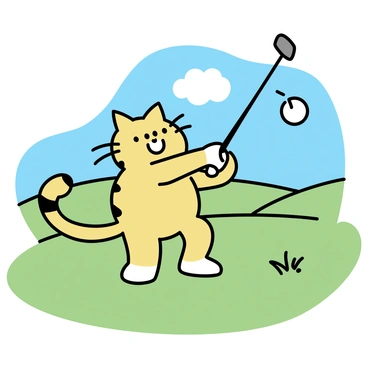 A chubby orange cat with distinctive black stripes, resembling "Garfield," is swinging a golf club. The cat is positioned on a lush green golf course. The sun is shining brightly, casting soft shadows on the grass. A white golf ball is soaring through the air, launched from the club's impact. In the background, there are gentle hills and a clear blue sky, completing the scene.