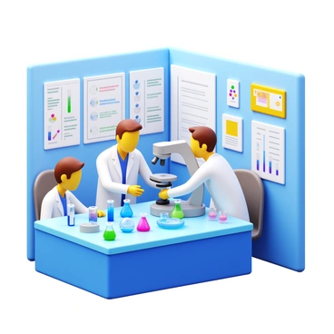 A laboratory setting with several scientists wearing white lab coats. One scientist is peering into a microscope, carefully examining lipid samples that are placed on a glass slide. There are various lab equipment and glassware scattered around the workbench, including test tubes and petri dishes filled with colorful solutions. The room is well-lit, and there are charts and posters about lipids affixed to the walls. The overall atmosphere is focused and professional, highlighting the active research taking place.