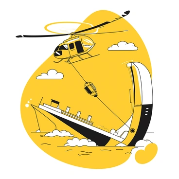 A helicopter is hovering above a ship that is partially submerged in water. The ship is tilted at an angle, and waves are splashing against its hull. The helicopter has a large circular rotor at the top, and its doors are open. A rescue line is being lowered from the helicopter, extending towards the deck of the sinking ship. The scene depicts urgency, with water splashing and clouds in the sky above.