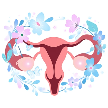 A detailed depiction of the female reproductive system is surrounded by an array of mythical flowers, each exhibiting vibrant colors and intricate patterns. Various fantastical creatures, such as small fairies and whimsical butterflies, are playfully interacting with the flowers and the anatomical structure. The scene is enriched with various plants, vines, and shimmering lights that weave throughout the composition, creating an enchanting atmosphere. The overall image radiates a sense of wonder and harmony between nature and the human body.