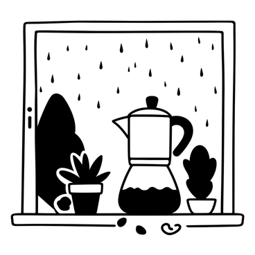 A moka pot sits on a windowsill, its shiny surface reflecting light. Raindrops trickle down the glass of the window, creating a pattern of lines that suggest movement. The background features a blurred silhouette of trees, indicating an overcast day. The windowsill is adorned with a small potted plant and a few coffee beans scattered nearby.