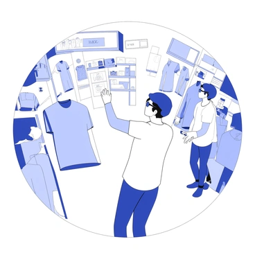 A shopper is standing in a retail store wearing augmented reality glasses. The glasses display virtual product details above an array of clothing items, showing prices and sizes. The shopper is reaching out towards a shirt, with an overlay showing a 3D model of the shirt being fitted onto their body. In the background, there are shelves filled with various products and other shoppers browsing. Bright lighting enhances the visibility of products throughout the store.