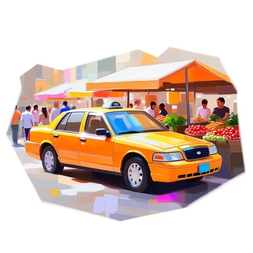A taxi parked near a busy farmers market packed with colorful stalls
