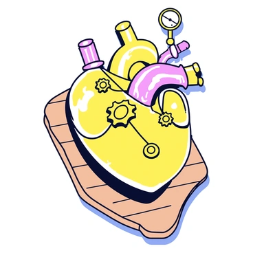 A heart made of brass and copper, with intricate gears and pipes intertwined throughout. The surface of the heart is polished and shiny, reflecting light. Various gears in different sizes are visible, turning slightly as if in motion. Several pipes, some curved and some straight, extend from the heart, connecting to a small pressure gauge. The heart rests on a flat wooden surface, surrounded by a faint shadow.