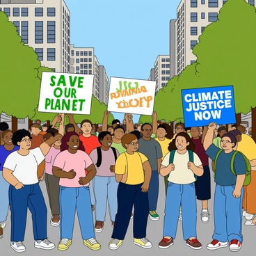 A diverse crowd of people gathered in a lively urban environment, all holding colorful signs with slogans related to climate action. The crowd includes individuals of various ethnicities and ages, some wearing casual clothing like t-shirts and jeans. There are a few individuals wearing hats, sunglasses, and backpacks. Among the signs, one reads "Save Our Planet" in bold green letters, while another says "Climate Justice Now" in bright blue. Tall buildings and trees surround the scene, with a clear blue sky in the background. The energy of the crowd is palpable, with some people smiling and others passionately raising their signs.