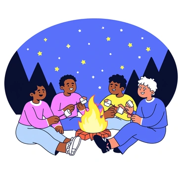 A group of friends sitting together around a campfire. The friends are smiling and chatting, enjoying each other's company. The campfire is bright, with flames flickering and producing warm light. Each friend is holding a marshmallow on a stick, roasting it above the fire. Above them, the sky is filled with numerous stars, shining brightly against a deep blue backdrop. In the distance, silhouettes of trees frame the scene, adding to the cozy atmosphere.