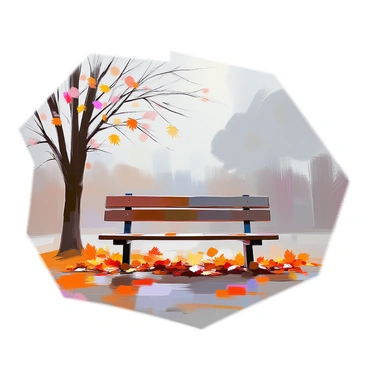 A deserted park bench made of weathered wood is situated in the center of the image, surrounded by an array of autumn leaves in vibrant shades of orange, red, and yellow. The leaves are scattered across the bench and the ground, creating a colorful contrast against the dull wood. Above, an overcast sky casts a muted light over the scene, with heavy clouds that create a sense of tranquility. In the background, bare trees with sparse foliage rise against the sky, adding to the autumn atmosphere.