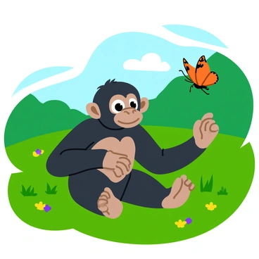 A baby gorilla with soft, dark fur is sitting in a vibrant green meadow, its large round eyes focused on a delicate butterfly fluttering nearby. The butterfly is brightly colored with orange and black patterns on its wings. Sunlight filters through the trees, casting dappled light across the grassy ground, which is dotted with small wildflowers in shades of yellow and purple. The baby gorilla's tiny hands are outstretched toward the butterfly, displaying a look of curiosity and wonder on its face.