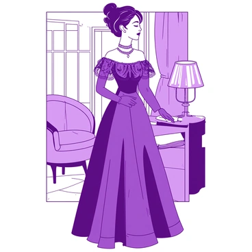 A purple Victorian-era lady is standing gracefully, wearing an elegant lace dress adorned with intricate patterns. The dress flows elegantly down to the floor, with a fitted bodice and a wide, flared skirt. Around her neck, she wears a striking diamond collier that sparkles against her neckline. Her hair is styled in intricate updos, embellished with delicate accessories. The setting features a lavish room with period-appropriate furnishings, completing the sophisticated atmosphere.