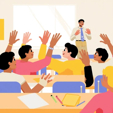 A classroom filled with desks and colorful posters on the walls. Several hands are raised, each forming different sign language gestures. The hands vary in skin tones, with some wearing bracelets and rings. There is a wooden desk in the foreground with stationery items like pencils and notebooks. A teacher, seen in the background, is demonstrating a sign with enthusiasm while students actively engage and follow along. Light streams in through the windows, illuminating the scene.