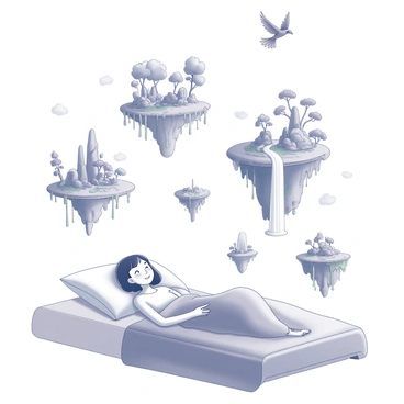 A person lying on a bed with a relaxed posture, surrounded by soft blankets and pillows. The person has a serene expression on their face, indicating they are dreaming. Above them, a whimsical world is depicted, featuring floating islands of various sizes. Each island is adorned with lush trees, unusual rock formations, and vibrant flowers. Some islands are connected by delicate bridges made of vines, while others have waterfalls cascading into the sky. The sky is filled with fantastical creatures soaring gracefully among the islands.
