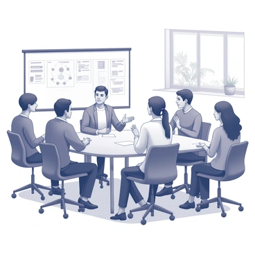 A group of diverse individuals is gathered in a modern office setting. They are seated around a large table, engaged in a discussion. One individual, positioned at the head of the table, is leading the conversation with an encouraging demeanor. This leader appears confident and animated, using hand gestures to emphasize points. The other group members are actively listening, with expressions of concentration and enthusiasm. Some are taking notes, while others are nodding in agreement. On the walls, there are whiteboards filled with diagrams and notes that showcase ideas and strategies. Natural light floods the room through large windows, creating an open and collaborative atmosphere. In the background, there are plants that add a touch of life to the scene.