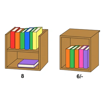A wooden shelf is filled with eight colorful books arranged neatly in a row. The books are of various sizes and have bright, playful covers in shades of red, blue, green, and yellow. Next to this shelf, there is another shelf containing six books, also arranged in a row. These six books have a slightly different color palette, featuring orange, purple, and pink covers. Both shelves are placed against a light background that enhances the vibrant colors of the books. A small label indicating "8/6" is placed between the two shelves, illustrating the fraction concept clearly.
