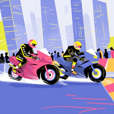 A motorcycle race featuring two sleek, aerodynamic motorcycles with glowing accents. The racers, wearing vibrant helmets and futuristic racing suits, lean into sharp turns. Skyscrapers tower in the background, adorned with neon lights and digital billboards. The road is slick and reflective, showing the bright colors of the city. Sparks fly from the motorcycles as they speed past, highlighting the intensity of the race. A crowd of spectators watches from the sidelines, capturing the excitement on their devices.