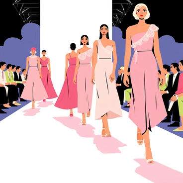 A fashion runway set in an expansive hall with bright lights illuminating the scene. Several tall models are walking down the runway, each wearing elegant "blush-colored couture dresses" that flow gracefully with their movements. The dresses have intricate details, such as ruffles and lace, adding texture to the overall look. The audience can be seen in the background, captivated by the designs. The runway itself is lined with sparkling lights, enhancing the glamorous atmosphere of the event.