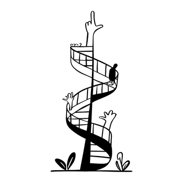 A spiral staircase winding upwards, with each step featuring a hand with an extended finger pointing upwards. The staircase is composed of intricate railing designs and a sturdy central post, emphasizing its spiraling shape. The hands are varied in size and style, adding an element of uniqueness to each step. Shadows cast by the staircase create a dynamic contrast with the surrounding area.