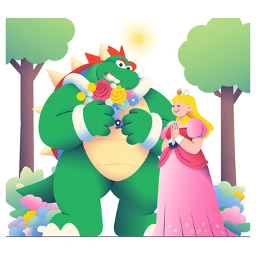 A large, green Bowser with spiked shells is standing in a lush garden filled with colorful flowers. He is holding a vibrant bouquet of assorted flowers, including red roses, yellow daisies, and bluebells, close to his chest. Bowser has a hopeful expression on his face as he looks towards a princess standing nearby. The princess has long, flowing blonde hair and is wearing a beautiful pink gown adorned with shimmering accents. She is smiling gently at Bowser, who is attempting to impress her with the bouquet. Tall trees with green leaves surround the garden, and the sun is shining, creating a bright atmosphere.