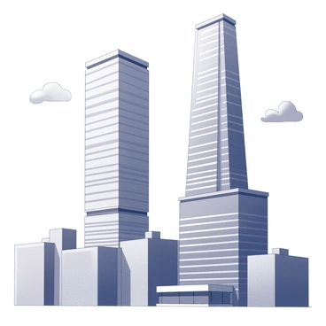 A city skyline featuring two skyscrapers that are nearly identical in structure and height. Each skyscraper has a sleek glass facade with a series of horizontal lines accentuating its height. The buildings are positioned side by side, creating a symmetrical appearance against the sky. The lower levels of the skyscrapers include large, rectangular windows and a minimalist entrance area. Surrounding the skyscrapers are smaller buildings, creating a contrast in scale. The scene includes a few scattered clouds in the sky above.