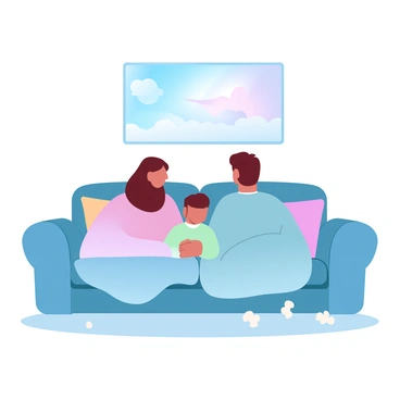 A family is sitting closely together on a couch, wrapped in cozy blankets as they watch a movie. The parents are on either end, with a child nestled between them. The couch is adorned with colorful cushions. Each family member is holding a bowl of popcorn, with some popcorn scattered on the couch. The room is softly lit, creating a warm and inviting atmosphere. A large screen in front of them displays a vibrant movie scene.