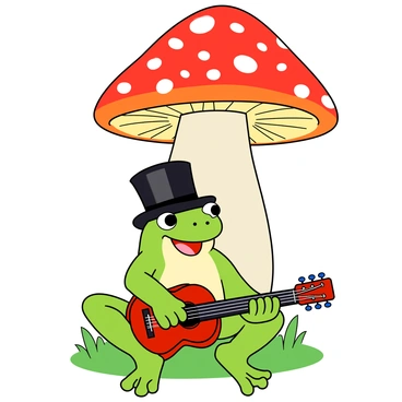 A cartoon frog with bright green skin and large round eyes is wearing a shiny black top hat atop its head. The frog is sitting comfortably on a patch of grass, strumming a small red guitar with enthusiasm. Above it, a vibrant, oversized mushroom with a wide, spotted cap provides a colorful canopy. The mushroom has a bright red top with white spots, and its thick white stem contrasts with the lush green background. The frog's feet are positioned on the ground, and its mouth is open in a joyful smile, expressing the fun of the moment.