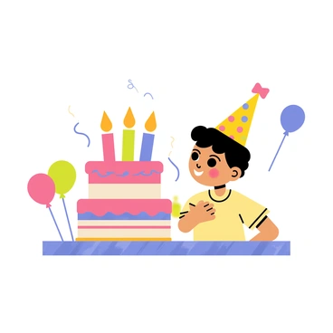 A young child with a big smile is standing in front of a colorful birthday cake adorned with bright candles. The cake has three layers and is decorated with vibrant frosting in shades of pink and blue. The child has short, curly hair and is wearing a party hat that is bright yellow with colorful polka dots. Around the cake, there are colorful balloons floating in the air and a table covered with a festive tablecloth. The scene captures the moment the child is enthusiastically blowing out the candles, with a few wisps of smoke rising from the tips of the candles.