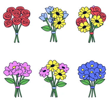 A collection of bouquets featuring different types of flowers, each arranged in equivalent ratios. Each bouquet contains a variety of vibrant flowers, including red roses, yellow daisies, and blue hydrangeas. The flowers are neatly clustered together, with equal amounts of each type, creating a harmonious balance. The bouquets are tied with a simple green ribbon, and they are placed against a plain white background for contrast.