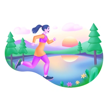 A dynamic scene featuring an "enthusiastic jogger" in motion, positioned alongside a "scenic river." The jogger is dressed in bright athletic gear, with a determined expression as they run. The background showcases the river reflecting the warm hues of the "sunrise," with soft pinks and oranges blending into the sky. Lush green trees line the banks of the river, and a few colorful wildflowers are scattered in the foreground, adding to the vibrant atmosphere.