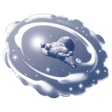 A Shugao figure is depicted traveling through space. The figure is illustrated with intricate details, showcasing its unique features and attire. It is surrounded by swirling nebulas that create dramatic patterns, emphasizing the vastness of the cosmos. Stars are visible in the backdrop, twinkling against the dark expanse of space. The composition highlights the motion of the figure as it navigates through the celestial environment.
