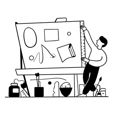 A person holding a ruler in one hand, measuring the length of a large illustration board placed on a flat surface. The illustration board has pencil sketches on it, showcasing various geometric shapes. The person is dressed in a simple shirt and pants, concentrating on the measurement. The background includes art supplies such as paintbrushes, a palette, and jars of ink scattered around the workspace. The ruler extends along the edge of the board, and the person's other hand is poised to mark the measurement with a pencil.