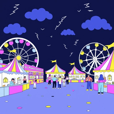 A vibrant carnival scene set at night. The image features various rides, including a Ferris wheel and a carousel, surrounded by colorful lights. The sky is filled with dark clouds, and occasional lightning illuminates the rides. Booths with games and prizes are lined up, each adorned with bright signage. People can be seen enjoying the carnival atmosphere, with some holding cotton candy and others playing games. The ground is covered with colorful confetti scattered from the festivities.