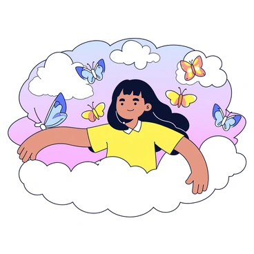 A person with long, flowing hair is floating gently among fluffy white clouds. The clouds are soft and billowy, creating a sense of lightness. Surrounding the person are vibrant butterflies with intricate wing patterns in shades of blue, yellow, and orange. The butterflies are delicately perched on the person's outstretched arms and shoulders, adding a whimsical touch. The sky is a soft gradient of pastel colors, suggesting a serene time just before sunset. The person's expression is calm and peaceful, embodying a sense of tranquility in this whimsical setting.
