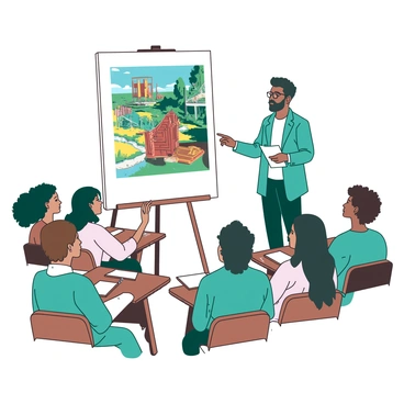 A teal lecturer stands in front of a large white canvas displaying a famous painting. The painting features vibrant colors and intricate details. In front of the lecturer, a diverse group of attentive students, each with focused expressions, are seated at wooden desks. The students are taking notes with pens and notebooks open in front of them. The lecturer gestures towards the painting, engaging the students in discussion about its historical significance. A few students have their hands raised, ready to ask questions. The atmosphere is one of learning and curiosity.