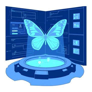 A blue hologram of a butterfly is projected in the center of a high-tech room. The butterfly is displayed in vibrant detail, with intricate wing patterns that appear to shimmer and shift as they catch the light. Surrounding the hologram, sleek metallic surfaces reflect the glow, while various high-tech interfaces and screens are visible in the background. The room is illuminated with a soft white light that enhances the futuristic atmosphere.