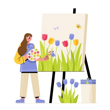 A woman artist with long brown hair is standing in front of a large canvas, intently painting a vibrant garden. She is holding a palette filled with an assortment of bright colors. The garden is full of blooming flowers in various shades, including red roses, yellow daffodils, and purple tulips. Green leaves and tall grass surround the flowers, creating a lush environment. In the background, there are a few butterflies fluttering around, adding to the lively atmosphere of the scene.