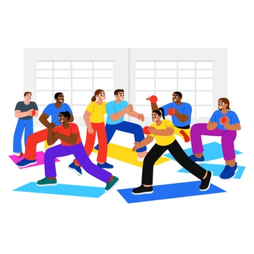 A diverse group of people is engaged in Russian twists at a community fitness center. There are individuals of different ages and ethnicities, showcasing inclusivity and teamwork. Some participants have short hair while others have long hair, with a mix of athletic wear in bright colors such as blue, red, and yellow. The fitness center features large windows that allow natural light to flood in, illuminating the space. Each person has a medicine ball, and they are positioned on exercise mats arranged in a circle. Some are smiling and encouraging each other, adding a sense of camaraderie to the scene.
