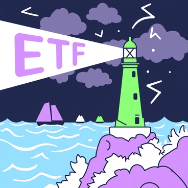 A lighthouse stands tall on a rocky shore, its light cutting through the darkness of a stormy night. The beam of light emits the letters "ETF" in bold, clear typography, illuminating the turbulent waves below. Several boats can be seen in the distance, navigating cautiously through the choppy waters. The sky is filled with dark clouds, and flashes of lightning illuminate the scene intermittently. The lighthouse is painted in a simple design, with a distinct base and a light room at the top. The waves crash against the rocks at the base of the lighthouse, highlighting the intensity of the financial storm.