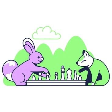 Two friendly animals are engaged in a game of chess on a wooden chessboard. On one side, there is a cheerful rabbit with large ears, eagerly examining the board, its paw resting on a white pawn. Opposite to the rabbit, there is a clever fox with a bushy tail, carefully considering its next move, leaning close to the board with a sly smile. The chess pieces are distinctive, showcasing a mix of knights, rooks, and bishops, all made of polished wood. In the background, there are trees with a clear sky above, providing a calm setting for this friendly competition.