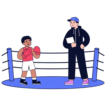 A boxing coach providing tips and feedback to a young boxer in the ring