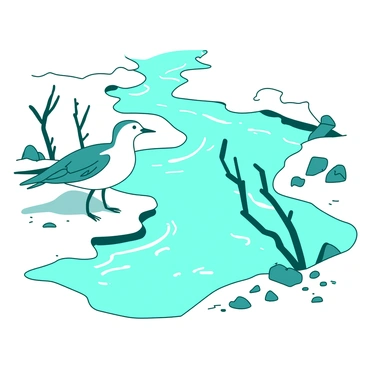 A teal arctic tern is standing on the bank of a flowing icy river. The river water is glistening under the sunlight, creating a shimmering effect. The bank features patches of white snow and scattered rocks. The surrounding area has a few frozen branches sticking out, adding to the icy atmosphere. The arctic tern has its wings slightly spread, showcasing its elegant feathers, as it gazes intently at the water.